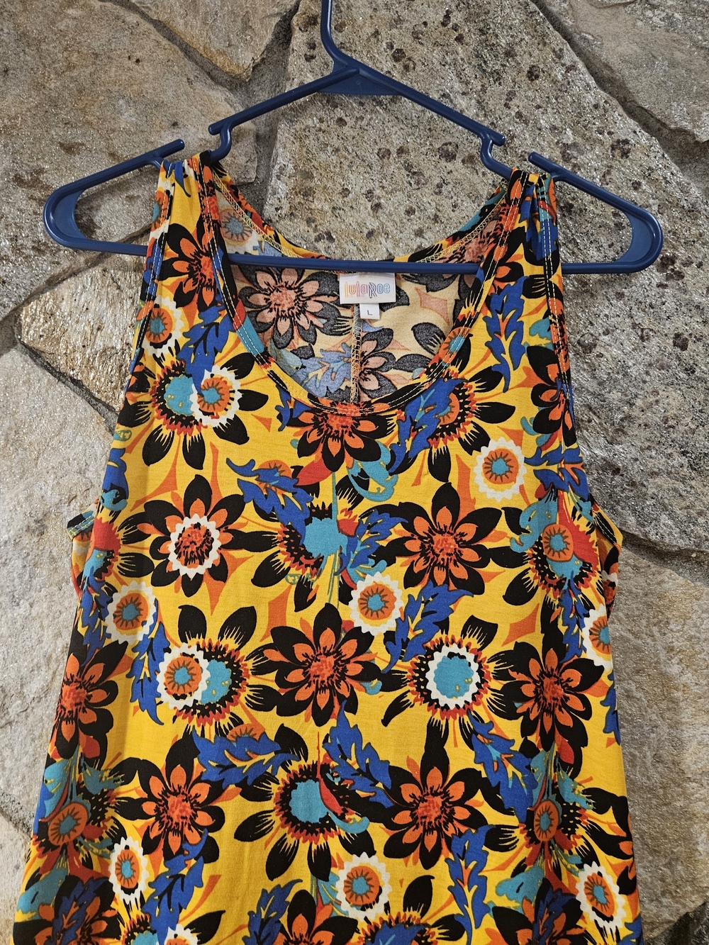 LuLaRoe Yellow Floral Tank with Blue and Orange Accents